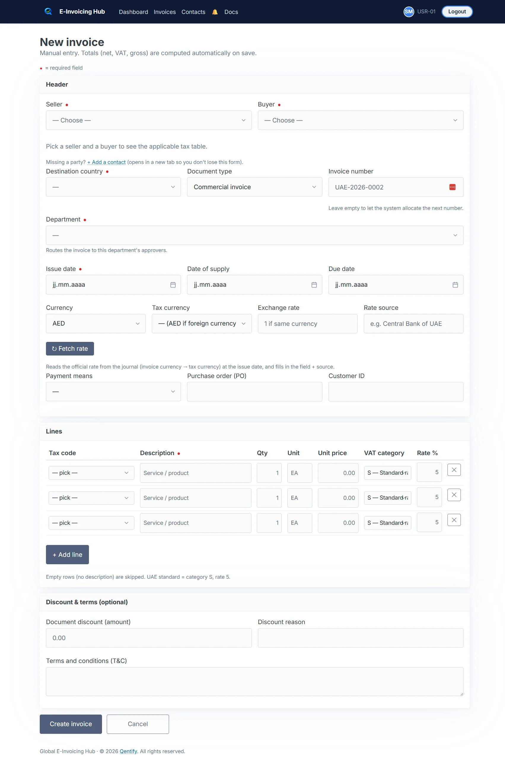 Creating a UAE FTA-compliant e-invoice in Qentify E-Invoicing — tax codes, VAT and totals computed automatically